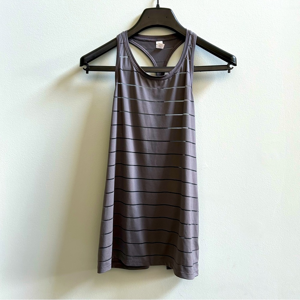 Athleta Gray High Neck Stripe Mesh Racerback Chi Tank Top, Size Small.